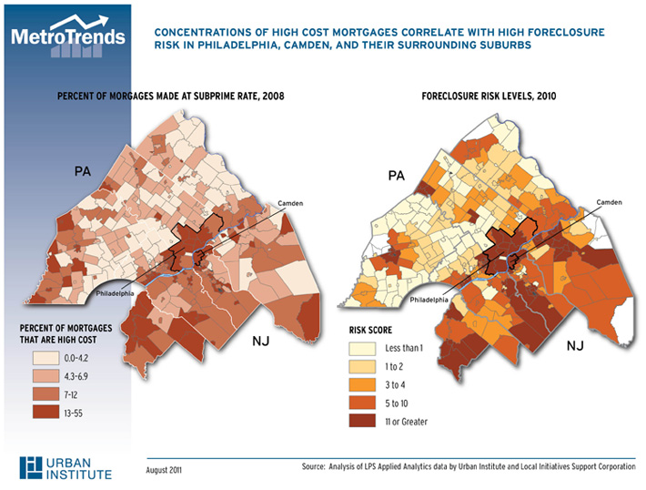 Concentration of High Cost Mortgages Correlate with High Foreclosure Risk in Philadephia, Camden, and Their Surrounding Suburbs