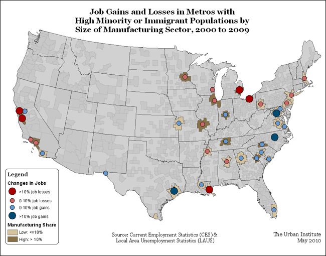 Job Gains and Losses in Metros with High Minority or Immigrant Populations by Size of Manufacturing Sector, 2000 to 2009 map