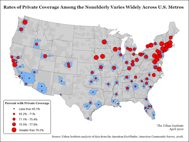 Rates of Private Coverage Among the Nonelderly Varies Widely Across U.S. Metros map table