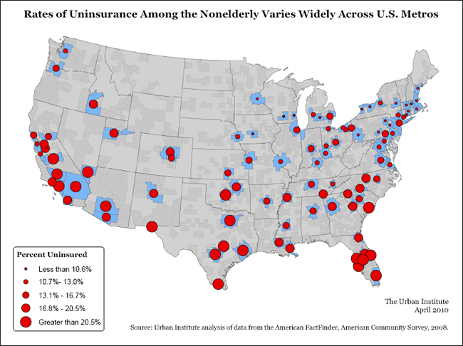 Rates of Uninsurance Among the Nonelderly Varies Widely Across U.S. Metross map